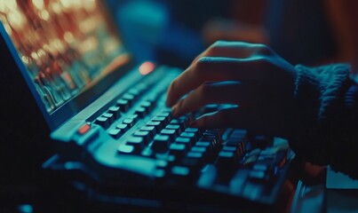Person types on laptop with blue light glow.