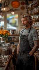 Obraz premium Portrait of a mature male shopkeeper in his store, thoughtful expression, wearing apron and watch, coffee beans and jars in background