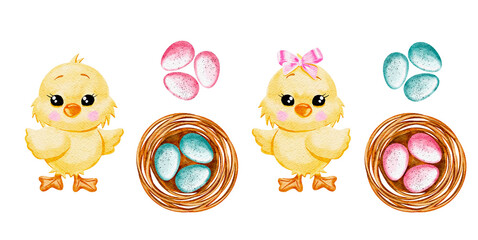 Clipart set of chickens with Easter eggs in a nest, watercolor illustration 