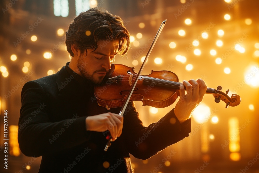 Poster a solo violinist playing in the middle of an empty cathedral, with natural light streaming through s