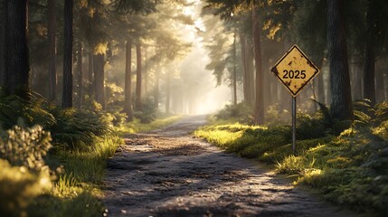 Yellow diamond road sign displaying "2025" stands along forest path with tall pine trees. Golden sunlight streams through woods, illuminating winding dirt road in dramatic morning atmosphere.