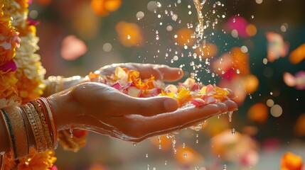 Hands Pouring Water with Flower Petals During Thai Songkran Festival, Symbolizing Renewal and Joy