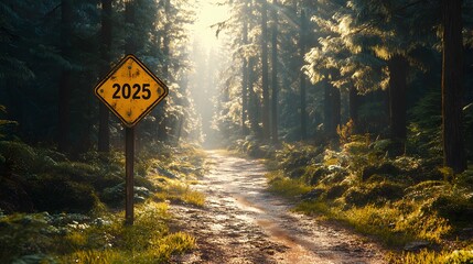 Yellow diamond road sign displaying "2025" stands along forest path with tall pine trees. Golden sunlight streams through woods, illuminating winding dirt road in dramatic morning atmosphere.