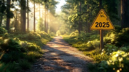 Yellow diamond road sign displaying "2025" stands along forest path with tall pine trees. Golden sunlight streams through woods, illuminating winding dirt road in dramatic morning atmosphere.