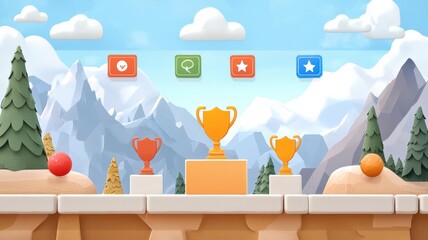 Education technology and gamification concept. Vibrant game interface showcasing trophies against a mountainous backdrop, symbolizing achievement and competition in a playful style.