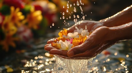 Hands Pouring Water with Flower Petals During Thai Songkran Festival, Symbolizing Renewal and Joy