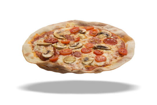 Pizza de cgumelos com tomate mozarella, massa fina e bordas crocantes no fundo transparente em PNG de f&aacute;cil uso