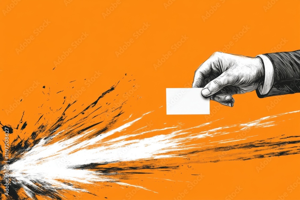 Poster A stylized design of a hand holding a voting card, rendered in bold lines with a single pop of color for emphasis