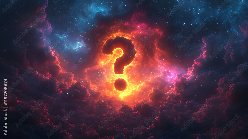 Poster mysterious cosmic scene with vibrant clouds and a glowing question mark symbolizing curiosity