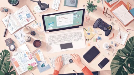 Education technology and gamification concept. A top-down view of a workspace featuring a laptop, gaming controller, and various stationery items amidst plants.