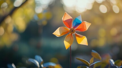 Colorful pinwheel catches the light within blurry foliage.