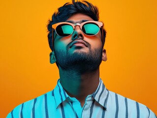 Fototapeta premium Stylish Man in Sunglasses Posing Against Vibrant Orange Background
