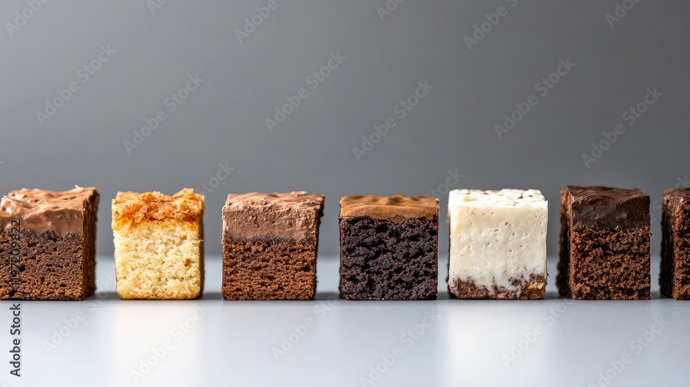 Poster assorted cube cakes with various flavors and frostings on gray background