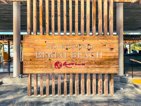 Bimini, Bahamas - January 3, 2025: Signage on the exterior for a resort pool on the beaches of Bimini in the Bahamas
