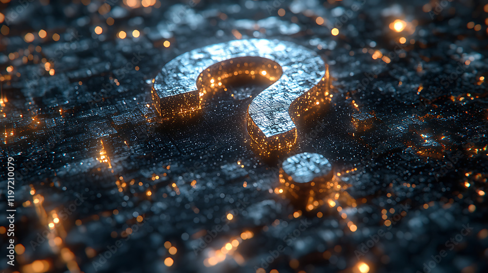 Poster metallic question mark illuminated in a digital landscape with glowing particles and abstract textur