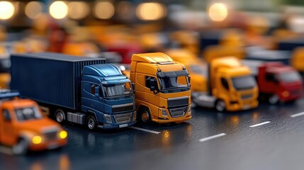 Obraz premium Miniature trucks parked at night, city lights blurred background; logistics illustration