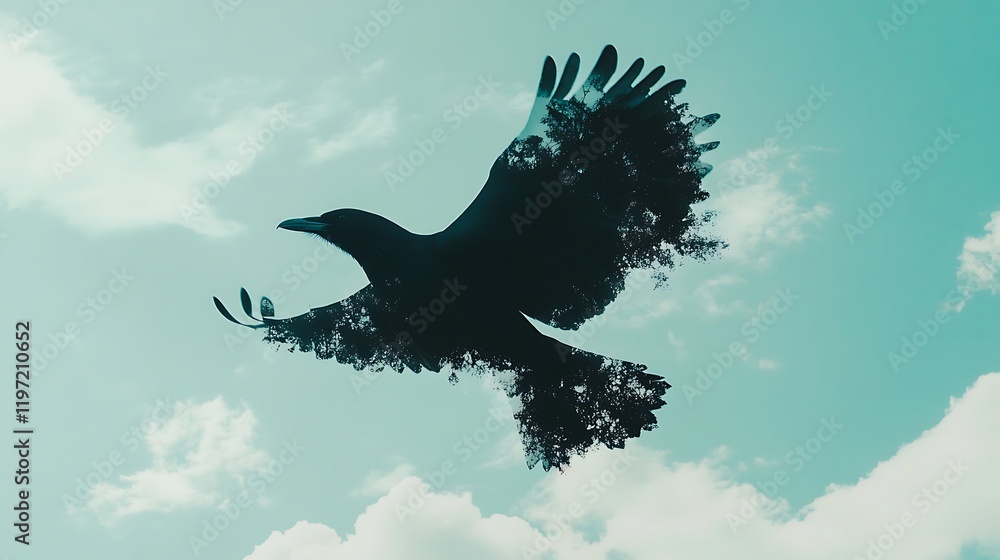 Poster a bird in flight with clouds and sky merging into its wings, creating a dreamlike double exposure ef