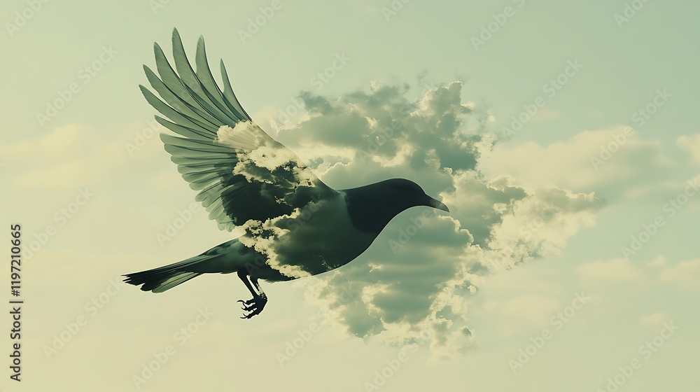 Poster a bird in flight with clouds and sky merging into its wings, creating a dreamlike double exposure ef