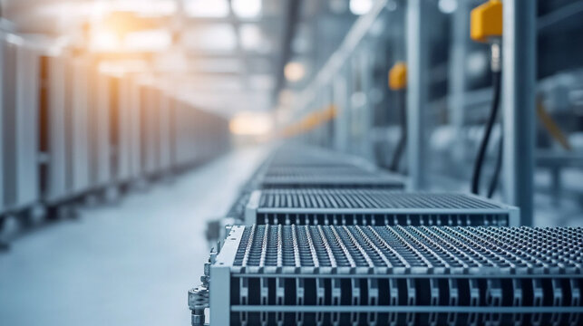 Maintenance electronic and battery. Data center interior with rows of high-tech server racks.