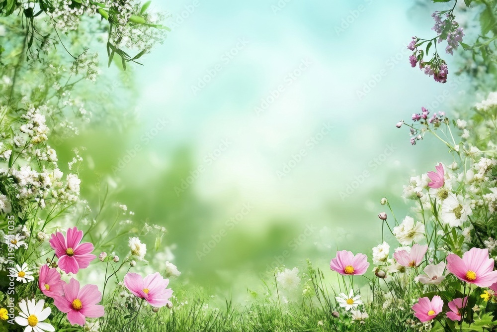 Poster colorful spring flowers frame a tranquil natural backdrop with ample space for text or creative desi