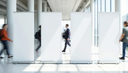 Trade show roll-up banners mockup in a sleek corporate hallway, people bustle, emphasizing the dynamic atmosphere of a professional business event or exhibition. Copy space, promotion template