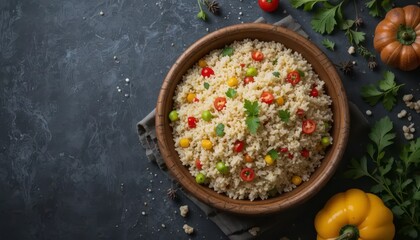 Closeup of a vibrant vegetarian dish with red tomatoes and fresh vegetables served hot in a white bowl for a healthy and flavorful meal