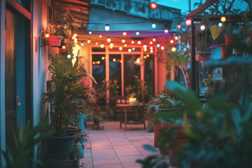 String lights illuminate a charming courtyard with solar power at dusk