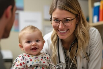 Happy female pediatrician examining baby with stethoscope at doctor's office. Generative AI