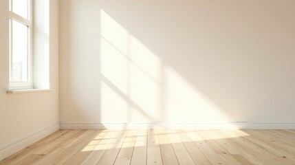 Sunlight streams through a window illuminating a light-colored room with wooden floors and neutral walls, creating a serene and minimalist atmosphere.