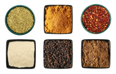 Set different spice, chopped oregano leaves, Mexican taco seasoning, spicy chili red pepper flakes,...