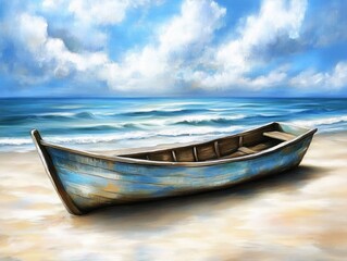 Fototapeta premium Serene Seascape Painting Blue Boat on Sandy Beach Tranquil Ocean Scene