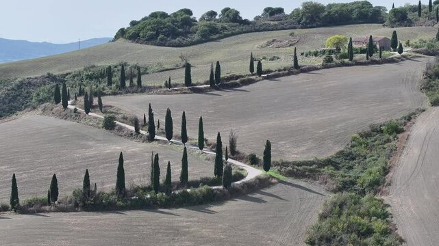 Aerial Panorama of La Foce Zig Zag Road in Tuscany