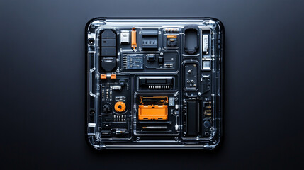 Maintenance electronic and battery. Electronic circuit board with intricate components and design elements.