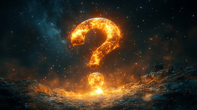 Glowing question mark symbolizing curiosity and mystery in a cosmic landscape with stars