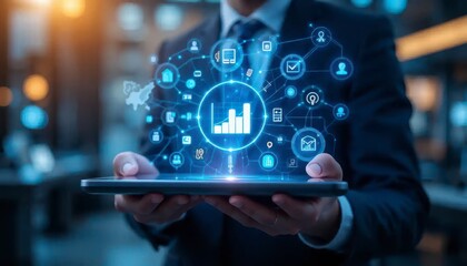 Businessman hand touching digital tablet screen, internet connection, global technology concept