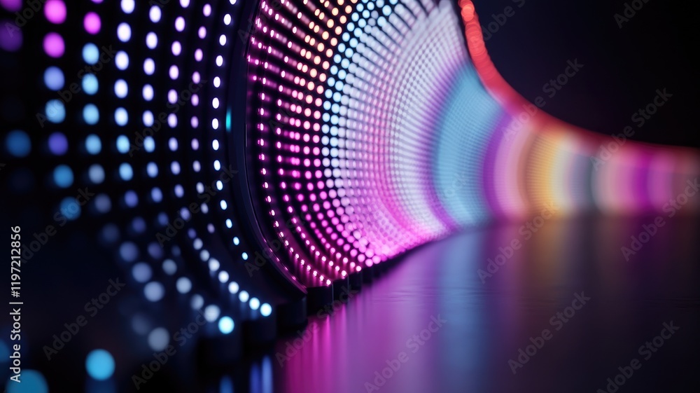 Poster curved led light display with vibrant colors and reflections