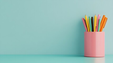 Vibrant Stationery Holder on Pastel Blue Surface,3D