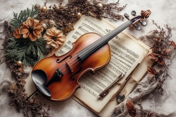 A vintage-style poster of a violin concert, featuring bold typography, muted sepia tones, and an ornate frame design