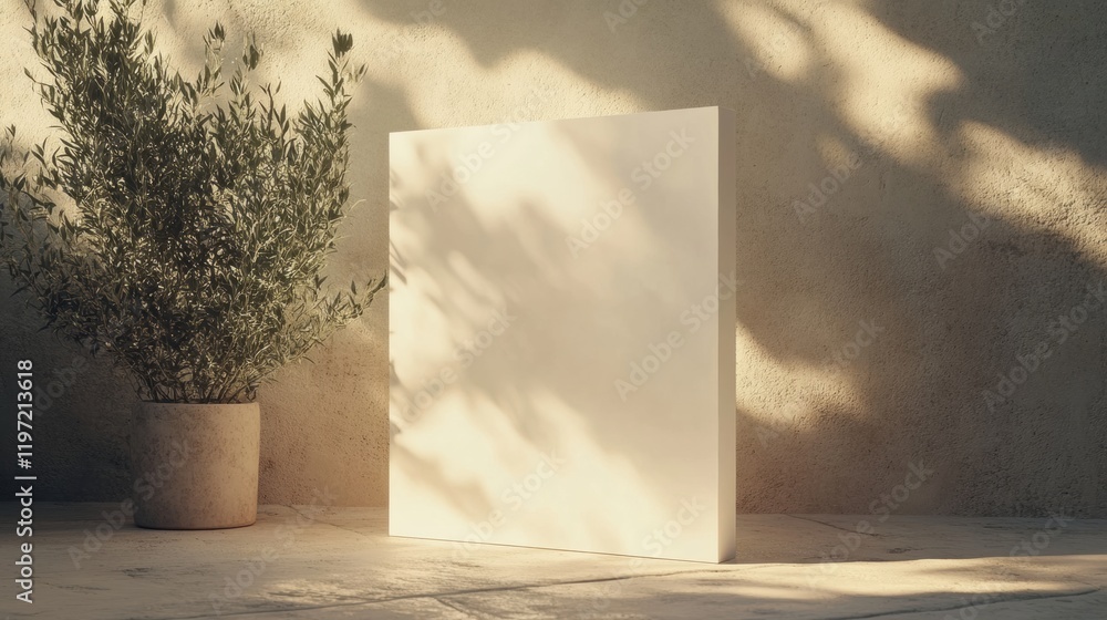 Poster Blank canvas stands against a textured wall with a plant in a pot in soft natural light. Generative AI