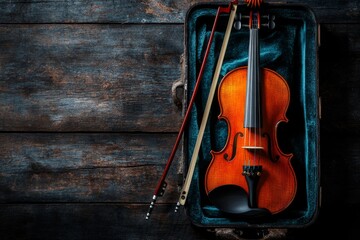 Naklejka premium A violin displayed with its bow and a beautifully detailed hard case, positioned on a vintage wooden floor