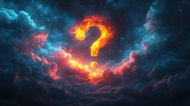 Fiery question mark illuminated amidst vibrant clouds under a starry night sky, symbolizing inquiry
