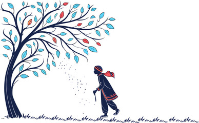 illustration of a tree with colorful leaves and a walking vector