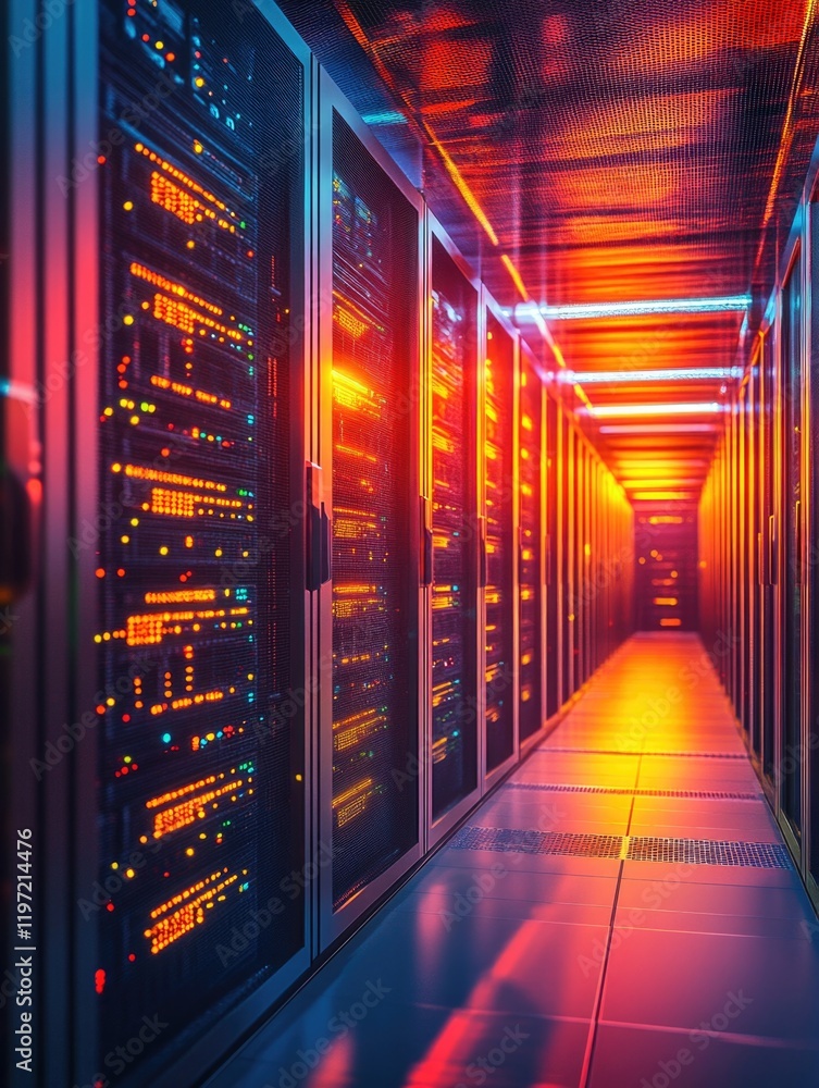 Poster red and blue illumination on server racks indicating efficient operation.