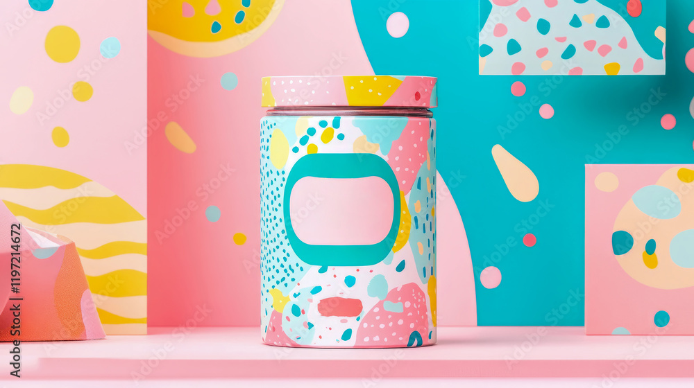 Poster stylish container with abstract design on pink and teal background