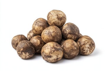 Fototapeta premium Pile of Round Brown Organic Root Vegetables on White Background
