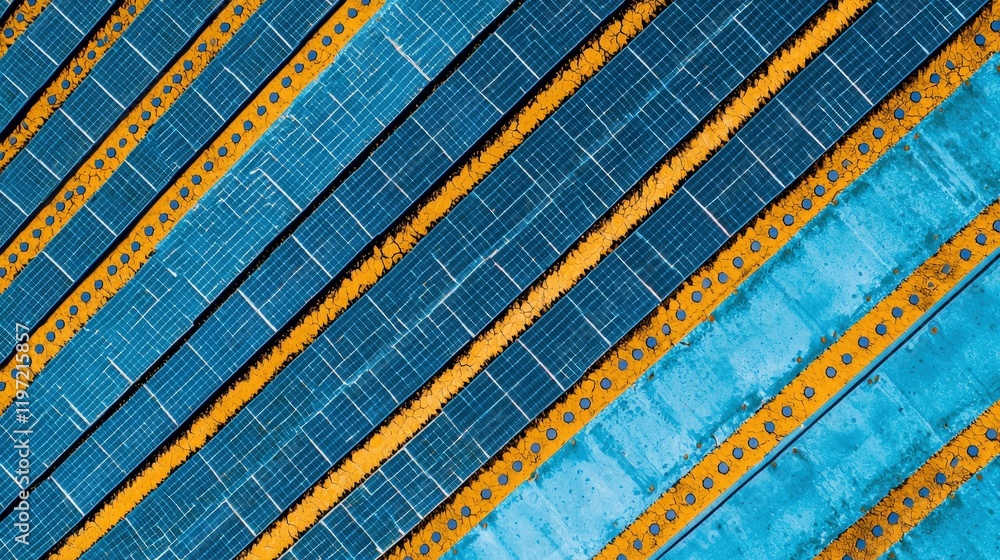 Poster abstract aerial view of modern solar panels on a vibrant blue background with diagonal lines and pat