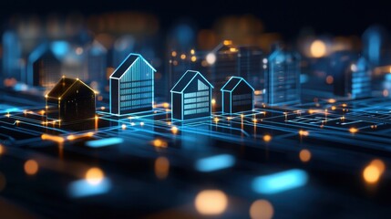A futuristic digital representation of houses on a circuit board, symbolizing smart homes and technology integration in real estate.