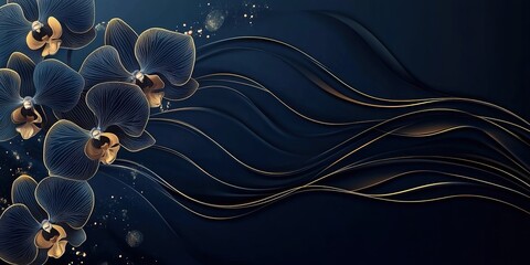 Dark blue luxury background with golden flowers