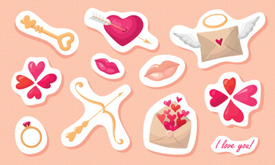 Valentine's Day sticker pack. Large set: Hearts, ring, Cupid's bow, key to the heart, kisses and love letters. The clipart is in pink tones. Illustrations for Valentine's Day