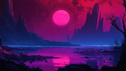 Naklejka premium Pink Moon Over Alien Lake: A Surreal Landscape
